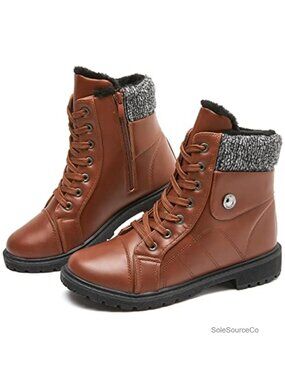 PU Leather Combat Boots Warm Fur Lined Ankle Booties Side Zipper Winter Boots